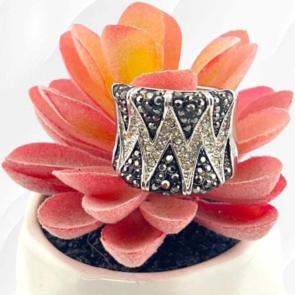 Black & White Crystal Pave Ring Cocktail Ring‎ Thick Band Size 9.5